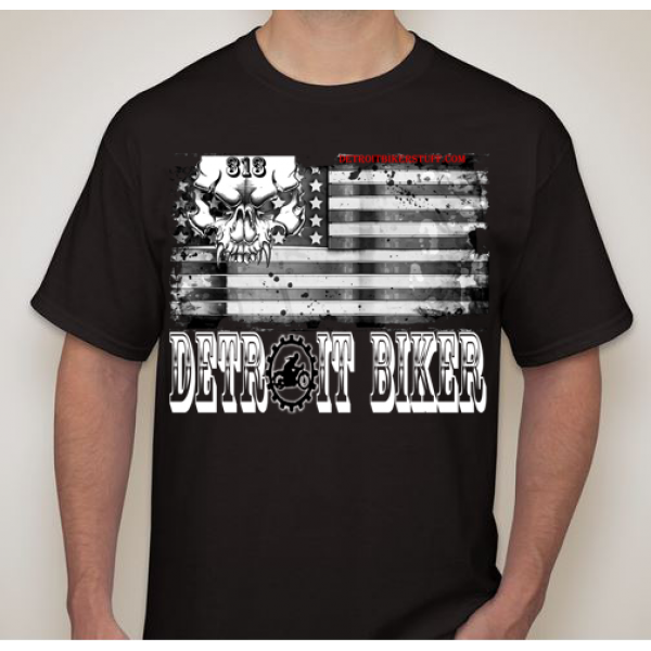 Detroit Biker Skull Flag Mens T-Shirt